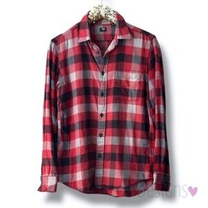 Uniqlo Flannel Plaid Shirt Red Black Gray Long Sleeve Small